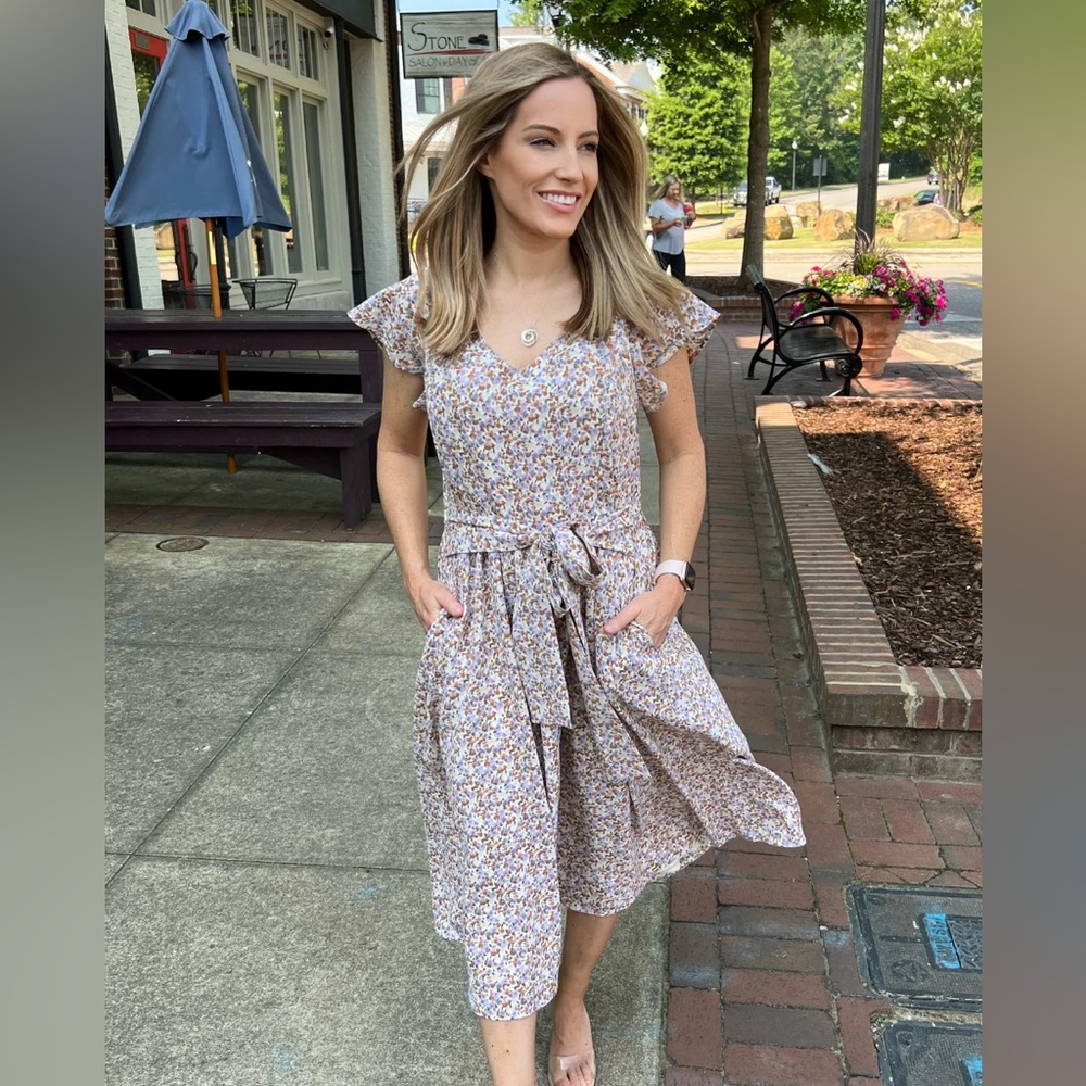 Nursing Queen Belted Midi Dress Small Beige Floral Flutter Sleeve Pockets